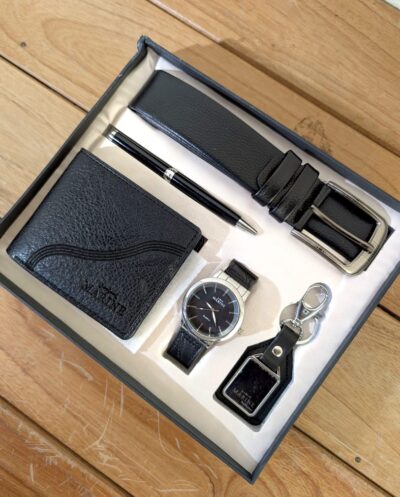 Combo reloj, billetera, llavero, faja y lapicero, set de lujo para caballero clásico en cuero sintético, Negro y Marrón.