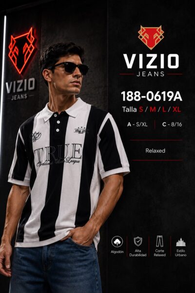 Vizio Camisa para hombres, estilo urbano, camisa polo sport de lineas / franjas verticales TRUE, con botones