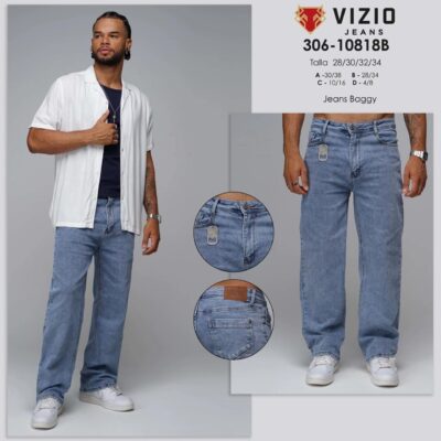 Pantalon Baggy Vizio para hombres, corte relajado, denim azul claro lavado, estilo urbano, tallas 28-34.