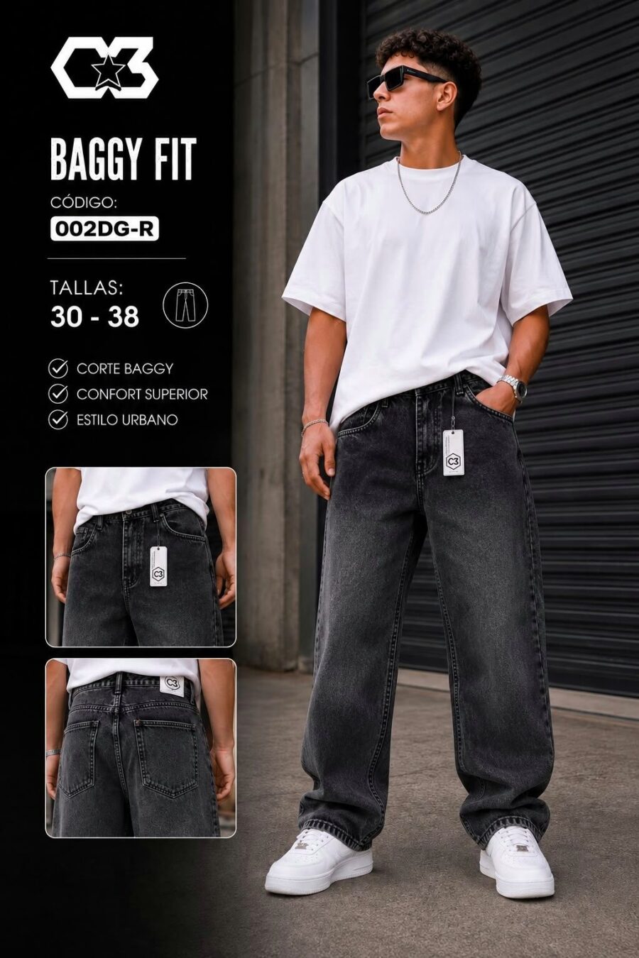 Pantalón Baggy para Hombre Jeans Corte Holgado Estilo Urbano Denim Gris Oscuro Tallas 28-38