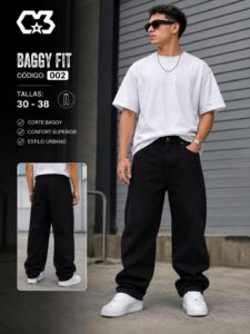 Pantalón Baggy para hombres negro de corte holgado urbano, máxima comodidad, tallas 28-38.