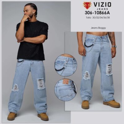Pantalones Baggy Vizio para hombres rasgados, estilos vaqueros con collar colgante celeste de mezclilla